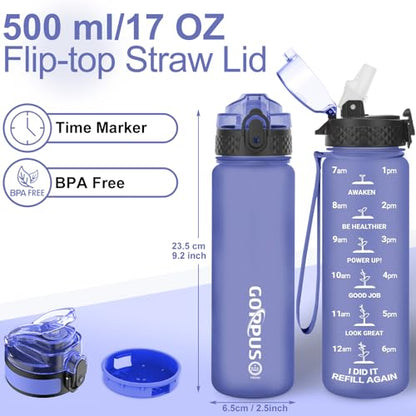 GOPPUS 500ml/17oz Kids Water Bottle Leakproof 0.5L, Sports Bottle for School, Hiking & Gym, 500ml with Straw, BPA-Free