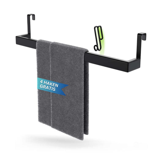 DEELIA® Dish Towel Holder Kitchen | Towel Holder for Hanging on Kitchen Cabinet without Drilling | incl. 4 Hooks | Black Stainless Steel Towel Holder