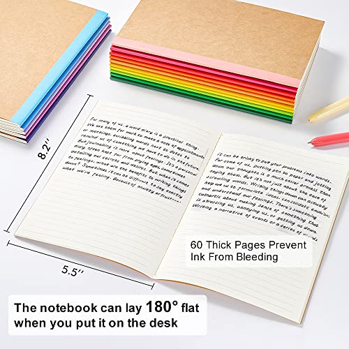 feela Notebooks with kraft paper cover, lined, blank, travel journal, rainbow spine, for students, business, 60 pages, 21.1 x 14 cm, A5, 16 colors, 48 pieces