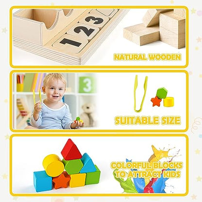 Joyreal Montessori Toy Sorting Game Counting Stacking Toy Wooden Learning Toy Shape Matching Game Gift for Kids Girls Boys 3 4 5 Years