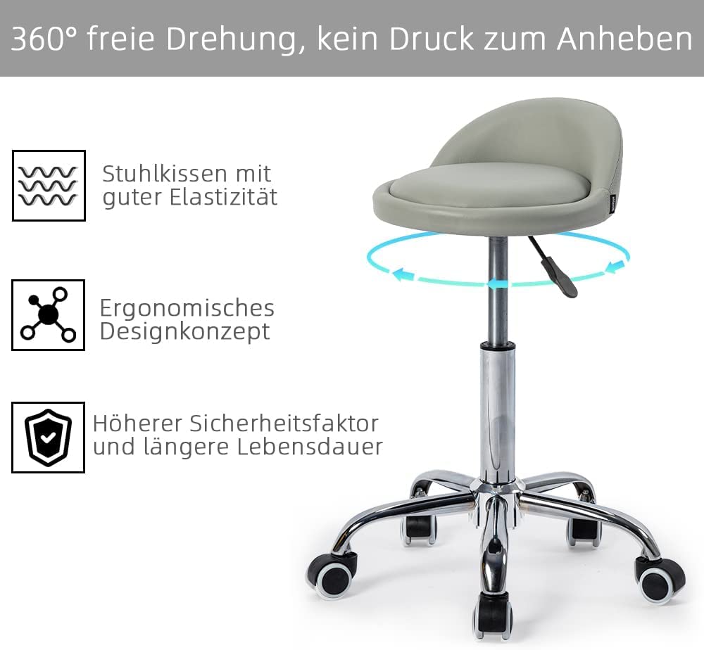 Mingone rolling stool practical stool with wheels office stool height adjustable swivel stool 360° work stool with low backrest faux leather φ36.5cm, grey
