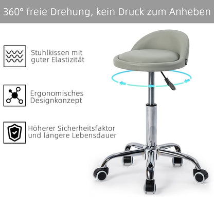 Mingone rolling stool practical stool with wheels office stool height adjustable swivel stool 360° work stool with low backrest faux leather φ36.5cm, grey