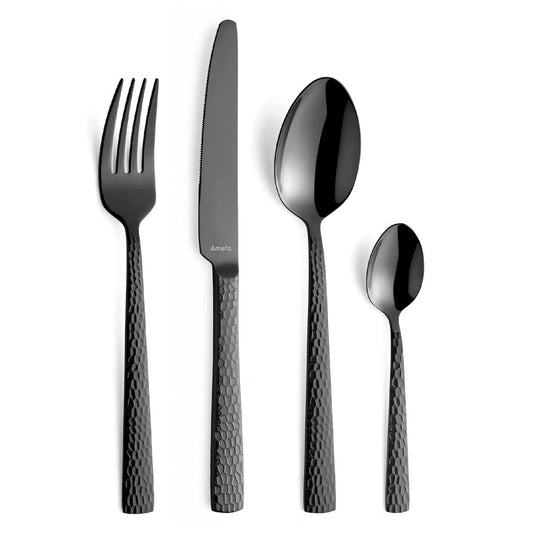 Amefa PVD Cutlery Set Felicity, Black Cutlery, 24-piece Black Cutlery Set, For 6 People, 18/0 Stainless Steel, 13/0 Blade Steel, Hammered Handle, With Knife, Fork, Spoon & Teaspoon