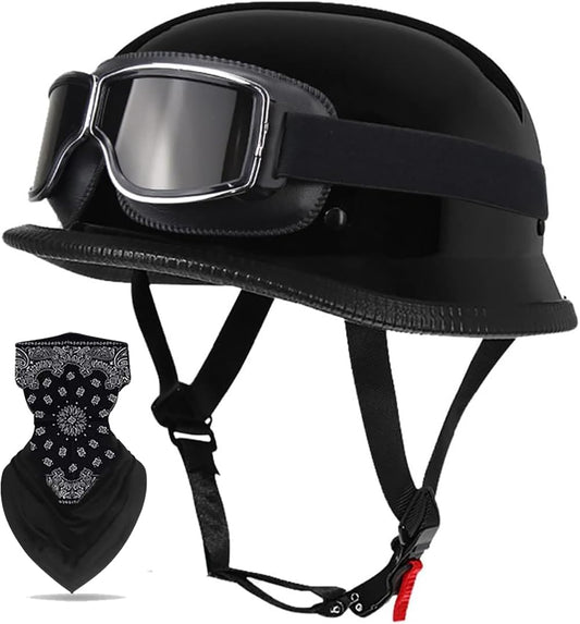 Labzaa vintage German motorcycle half-shell helmet with ECE, retro half-open jet helmet with goggles for bike cruiser chopper moped scooter ATV men and women helmet C M