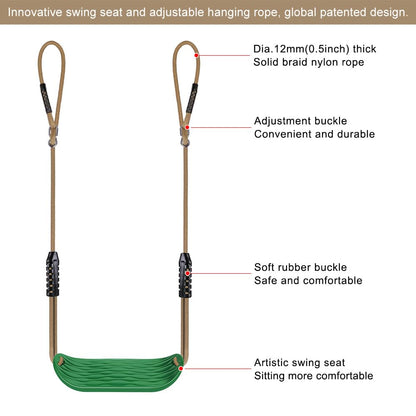 BeneLabel Non-Slip Swing Seat with Adjustable Rope and Carabiners - Heavy Duty Playground Swing Set Accessories for Kids and Adults - 220LB Capacity-Green