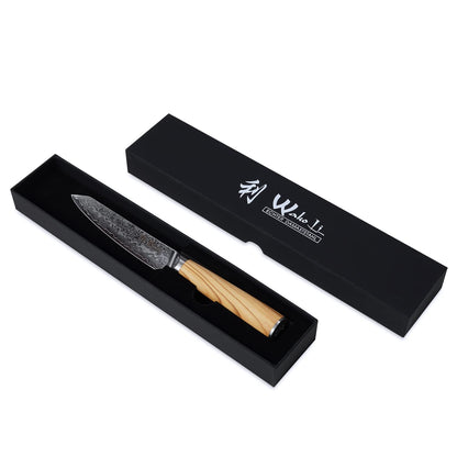 Wakoli Oribu Damascus Kitchen Knife Full Tang with 12.5 cm Blade - Herb knife made of 67 layers of Damascus steel with VG-10 core, knife with olive wood handle in gift box - Knife sharp chef's knife