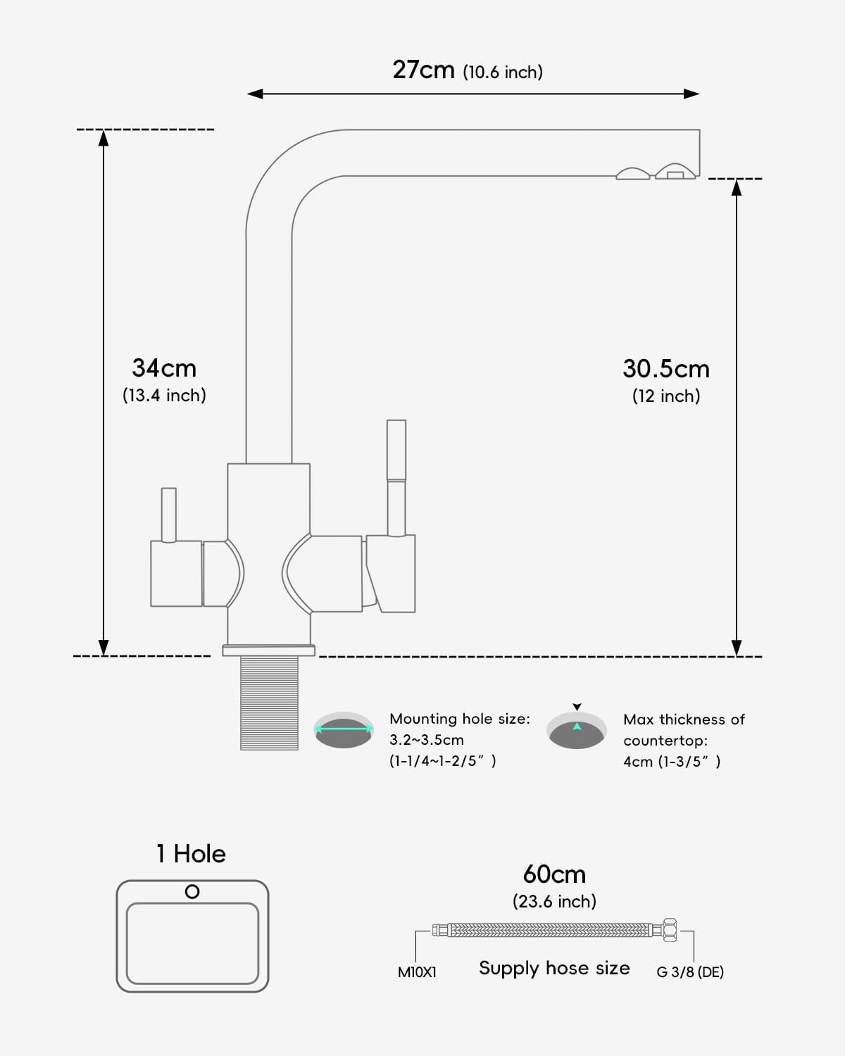 APPASO 3-Way Water Faucet Black, Kitchen Faucet 3 Way 360° Rotatable, 3-in-1 Kitchen Mixer Tap for Water Filter, Drinking Water Faucet with 2 Handles, Three-Way Faucet, Stainless Steel Black Sink Faucet.