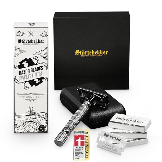 Störtebekker® Premium starter set - with safety razor incl. case (black) and 10 blades + 100 extra Störtebekker razor blades - men's shaving set - for a perfect shave - gift idea for men