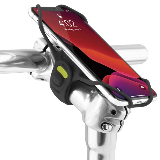 BONE bike phone mount for stem, shock absorbing for road, race & touring bikes. Fits smartphones 4.7-7.2 inches like iPhone & Samsung. Bike Tie Pro 3 in black.