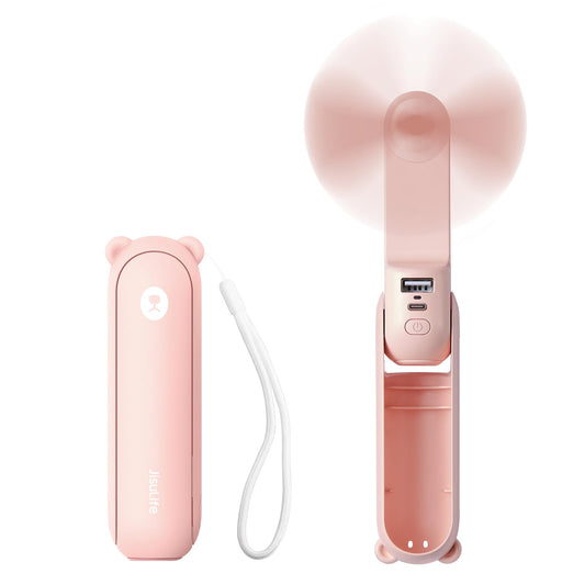 JISULIFE Mini Handheld Fan, 3-in-1 Rechargeable USB Fan [12-19 operating hours] with Powerbank, Flashlight, portable fan for travel/summer, gifts for women - Pink