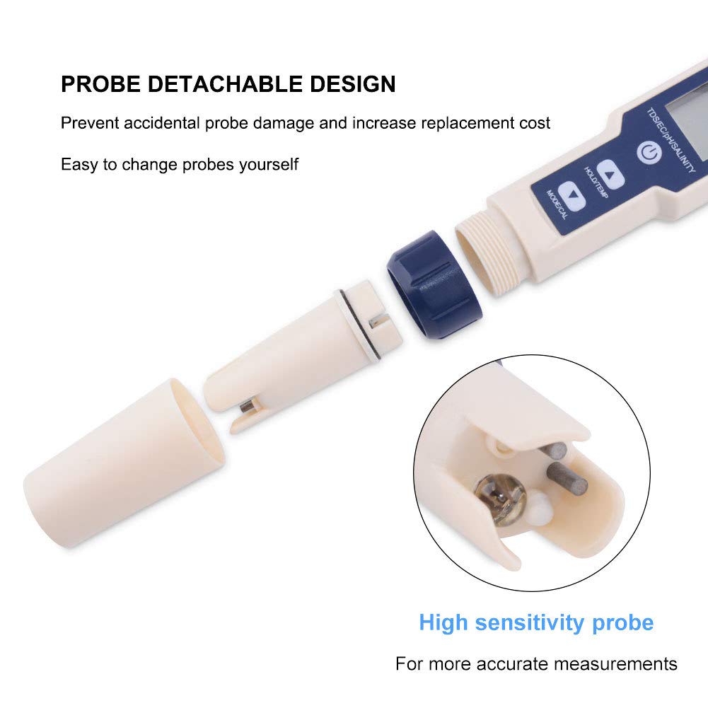 Meichoon 5 in 1 TDS/EC/pH/Salinity/Temperature Meter Digital Water Quality Tester for Hydroponics Aquariums Pools Drinking Water DH12