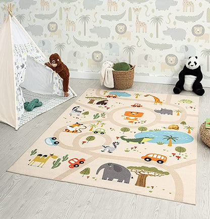 The carpet Happy Life children's room, children's carpet, play carpet, street carpet, street, jungle, animals, car, beige, 120 x 160 cm