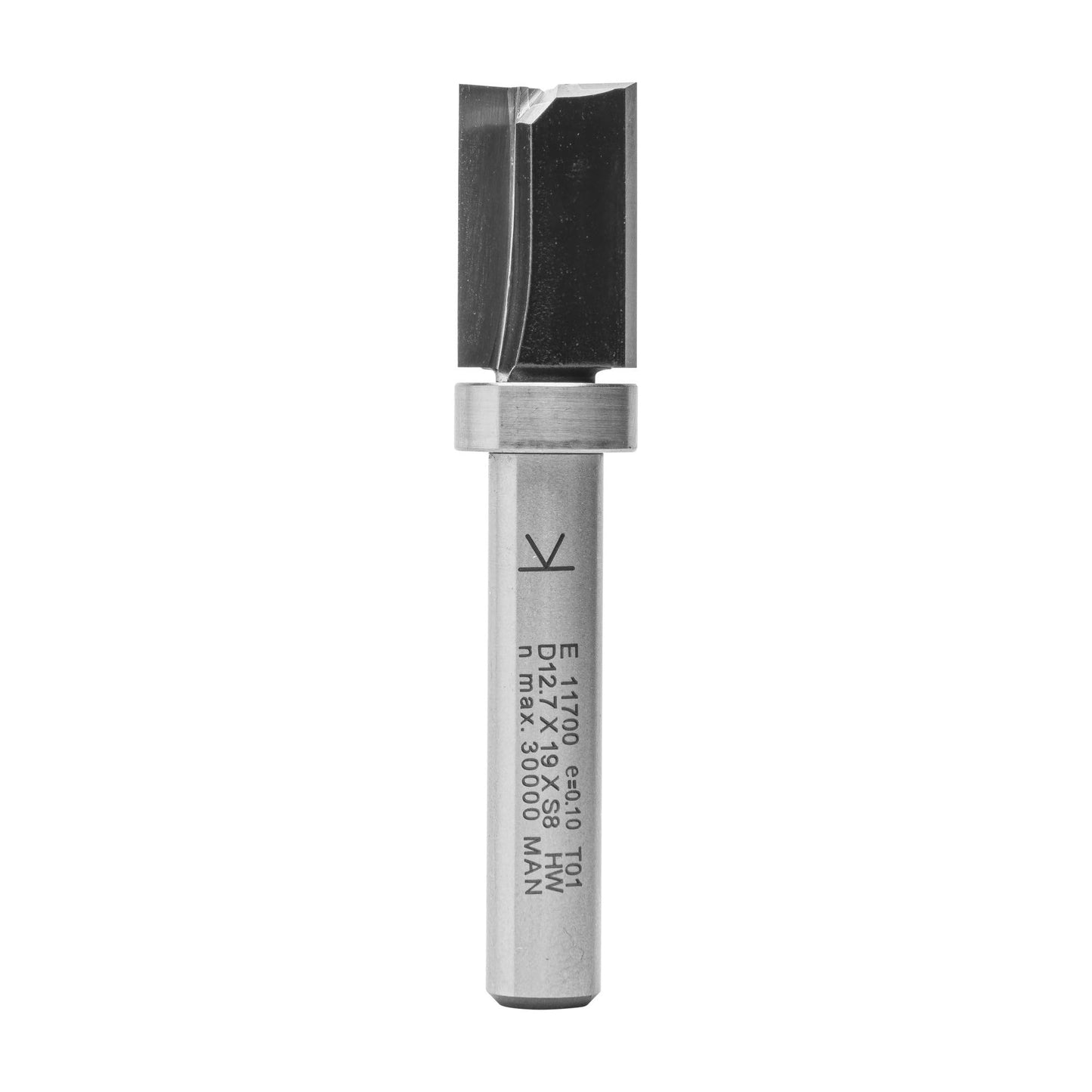 END 11700 Flush Trim Router Bit HW for Milescraft Dovetail Template, Diameter (D) 12.7 mm, Cutting Length (CL) 19 mm, Shank (S) 8 mm, Cutting Depth (CD) 32 mm, Overall Length (OL) 55 mm, 2 flutes + 1, with ball bearing on shaft.