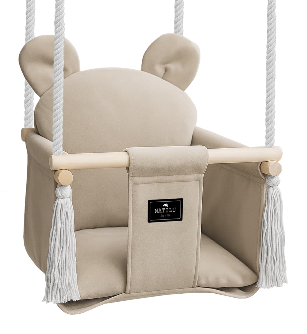 NATILU® Baby Swing Set Indoor Outdoor | Bear Light Beige Velvet | Baby Swing | Baby swing Indoor | Wooden Kids Swing | Wooden Swing for Children | Swings for door frames