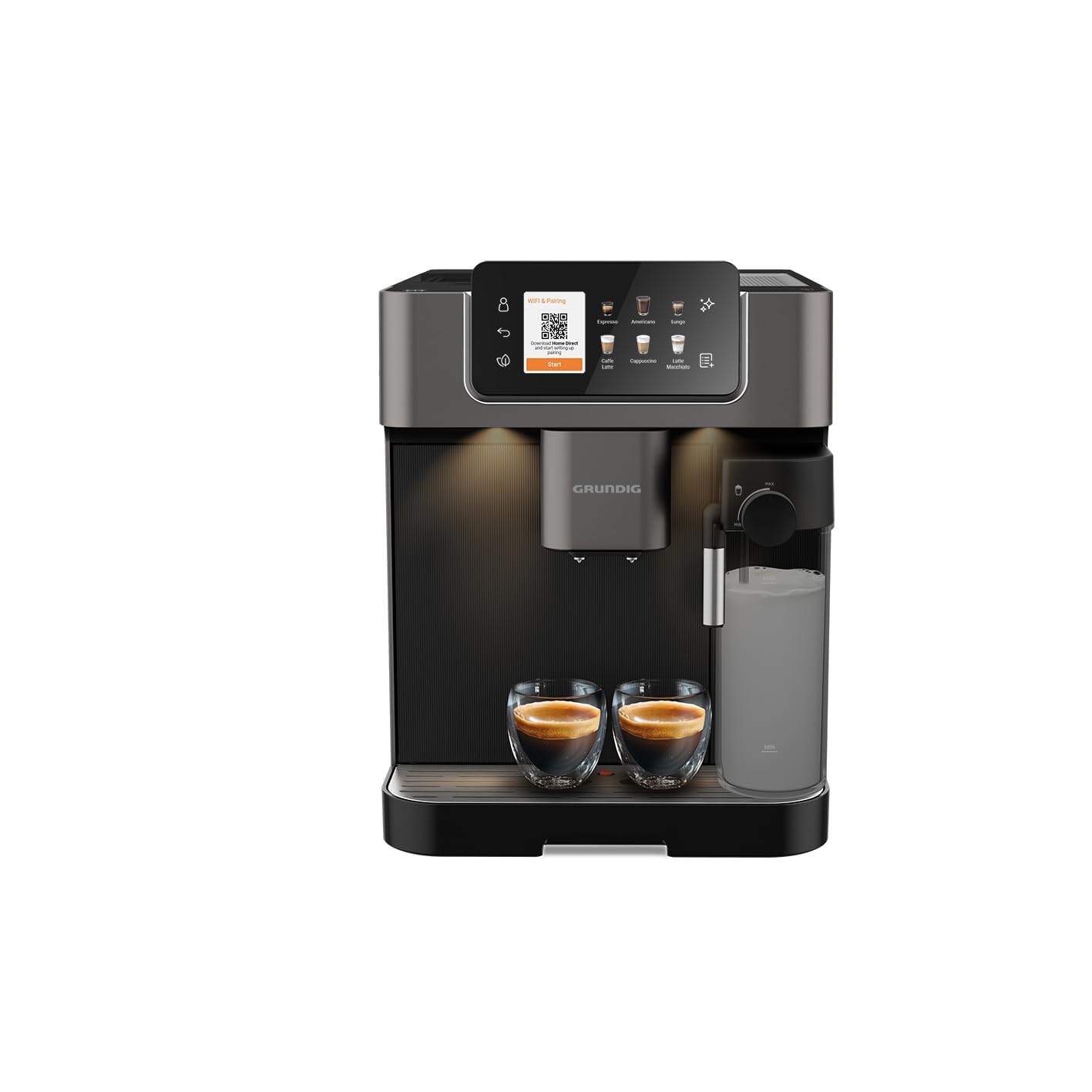 Grundig KVA 8230 fully automatic coffee machine, 18 coffee specialties, 13 grind settings, milk container, powerful 1350 W, 19 bar pump pressure, dual nozzle, lighting, black/dark silver.