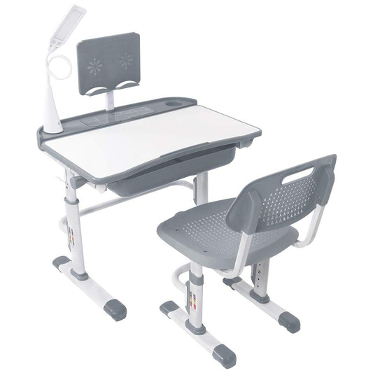 Yinleader Kids Desk and Chair Set, Adjustable Children's Table with Eye-Protecting Lamp, Bookstand, Tilted Desk, perfect for Writing, Reading, and Drawing (grey)