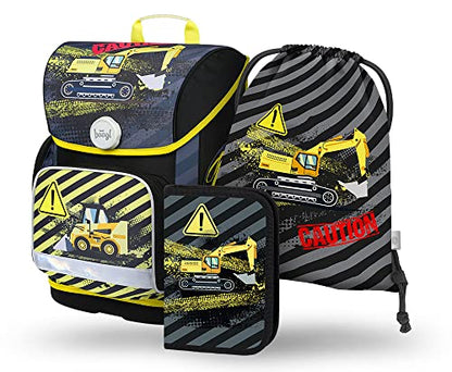 Boys school backpack set 3 piece, Ergo school bag for 1st grade, Ergonomic elementary school backpack with chest strap (Digger)