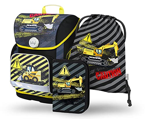 Boys school backpack set 3 piece, Ergo school bag for 1st grade, Ergonomic elementary school backpack with chest strap (Digger)