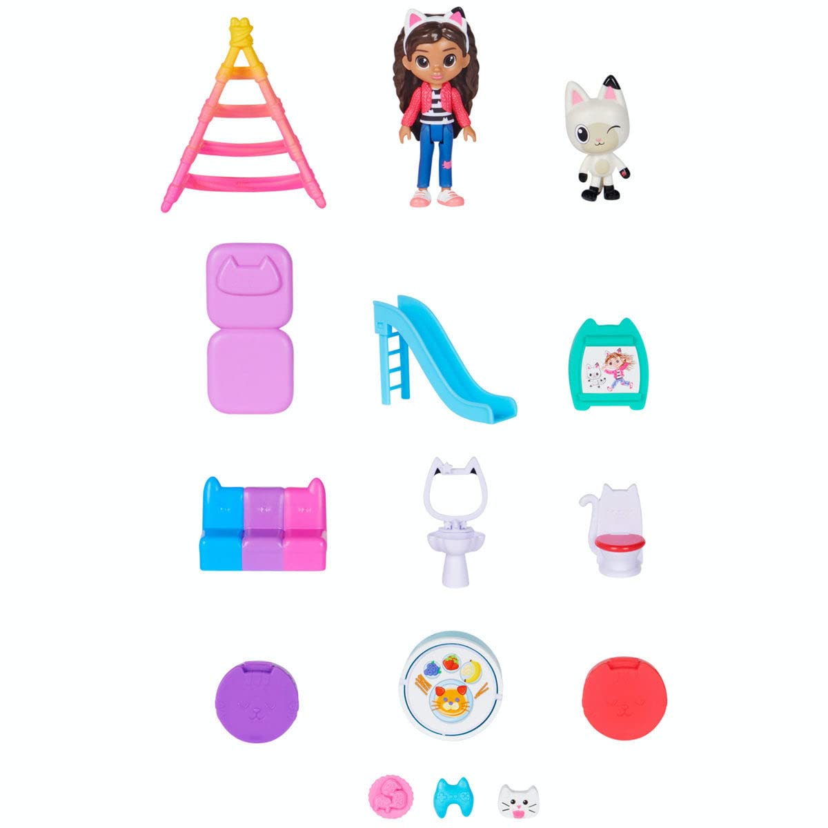 Gabby's Dollhouse, a Purrfect dollhouse over 60cm tall with Gabby and Panda Paws figures, 8 furniture pieces, 3 accessories, 2 surprise boxes, and sounds. A gift for children 3 years and older.