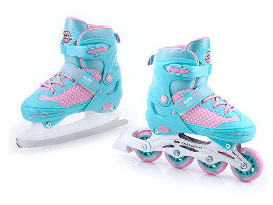 SMJ Lily Kids Girls Set 2in1 Inline Skates/Ice Skates ADJUSTABLE | ABEC-7 Roller Skates | Inline skates convertible to ice skates | Turquoise/Pink (M (34-37))