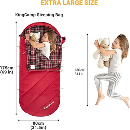 KingCamp XL sleeping bag, winter camping essential! This warm and oversized sleeping bag is perfect for kids on outdoor backpacking, hiking, and indoor/outdoor use in 3-4 seasons.