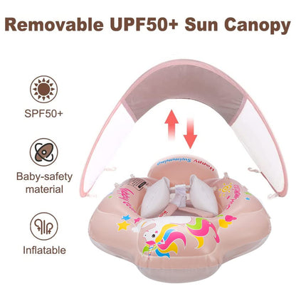 TUIBEIDAMAI Baby Swim Ring with Sunshade Removable, Swim Ring with Sun Protection Adjustable Shoulder Straps, Inflatable Swim Ring, Baby Float Swim Ring for 3-36 Months (Pink)
