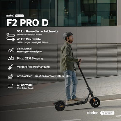 Segway-Ninebot F2 Pro D, E-Scooter with street legal for adults, max. 20 km/h speed, 55 km range, long range.