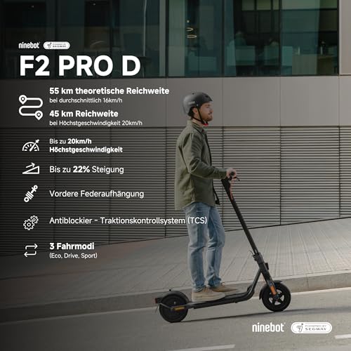 Segway-Ninebot F2 Pro D, E-Scooter with street legal for adults, max. 20 km/h speed, 55 km range, long range.