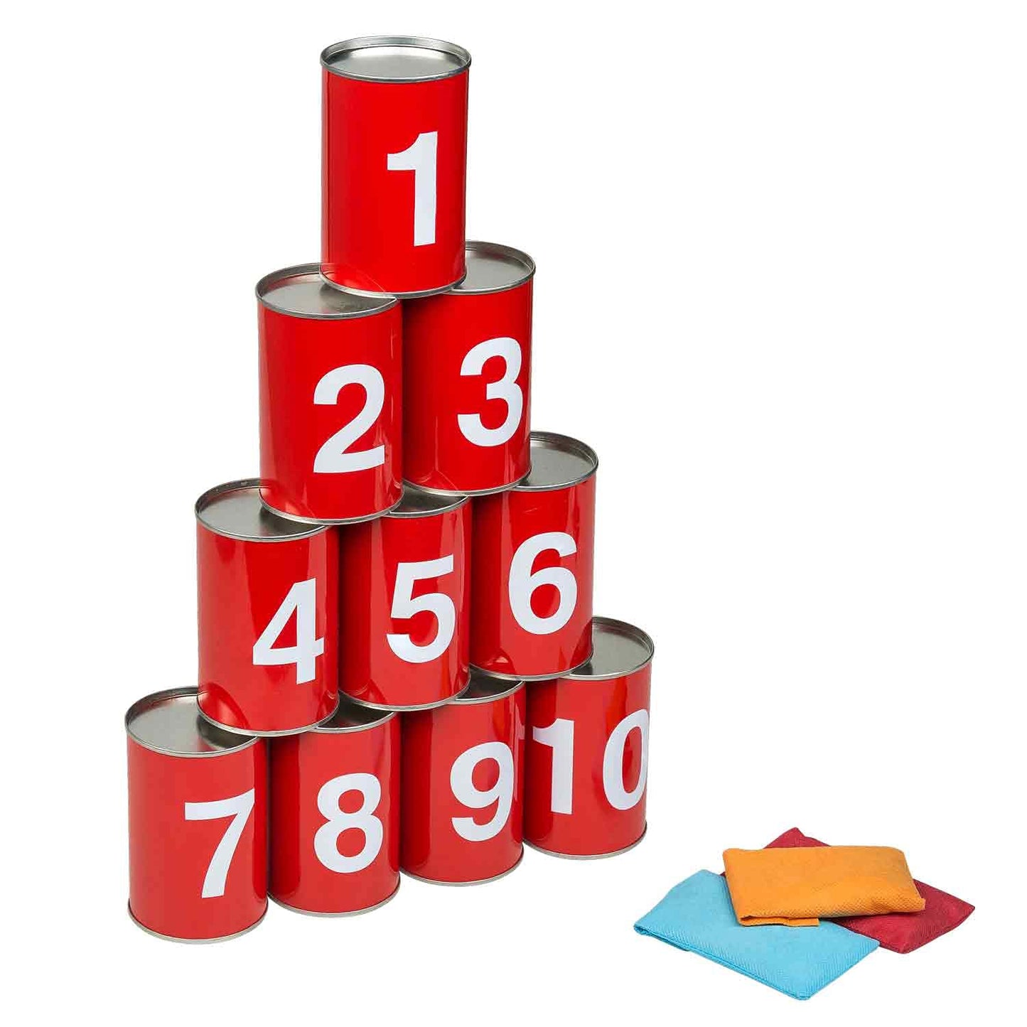 Idena 40189 - Game set can throwing with 10 numbered metal cans and 3 sandbags, tossing and skill game for birthday parties, in the garden or park.