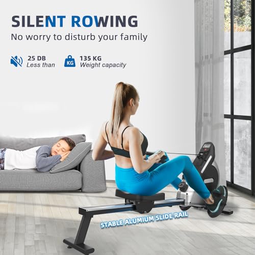 Neezee rowing machine with 16-level magnetic resistance, super quiet rowing machine with LCD display, aluminum slide rail and tablet holder, upgraded home rowing machine, black.