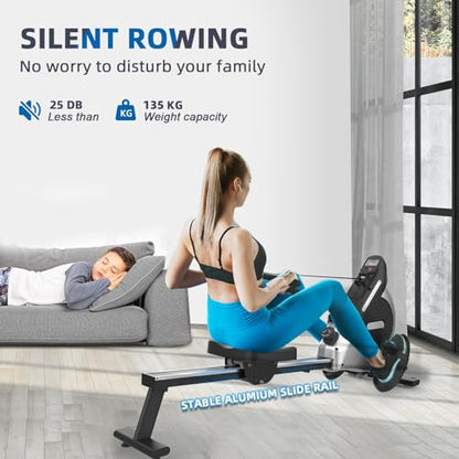 Neezee rowing machine with 16-level magnetic resistance, super quiet rowing machine with LCD display, aluminum slide rail and tablet holder, upgraded home rowing machine, black.