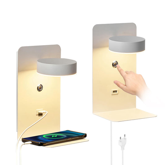 2 pieces of indoor LED wall lights with USB charging port, 12W touch dimmable wall lamp with switch & plug, 350° rotatable reading light wall mounted for bedroom bedside, living room, study hotel.