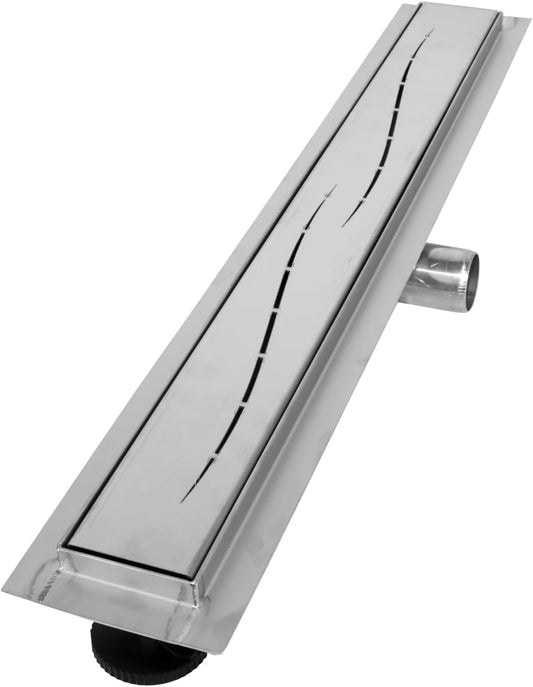 VILSTEIN Shower Drain 50cm, Stainless Steel Floor Drain Complete Set, extra flat, Siphon with odor trap, Hair Sieve - Wave