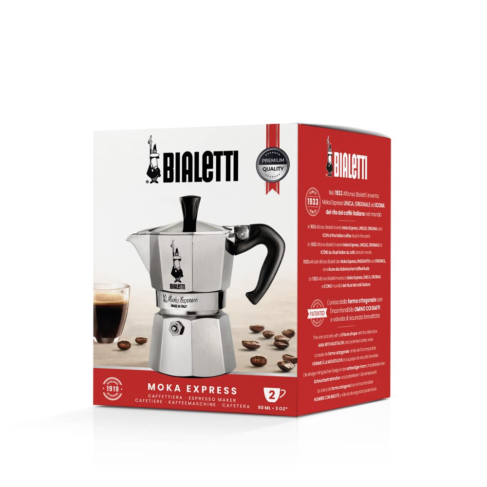 Bialetti Moka Express Aluminum Stovetop Coffee Maker (2 cups), 90 milliliters, Silver/Black, 8 x 11 x 11 cm