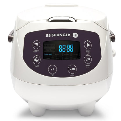 REISHUNGER Digital Rice Cooker Small, White | 0.6 L for 3 people | Keep Warm Function, Timer & Premium Pot | Small Multi-Cooker & Steamer, 8 Programs, 7-Phase Technology