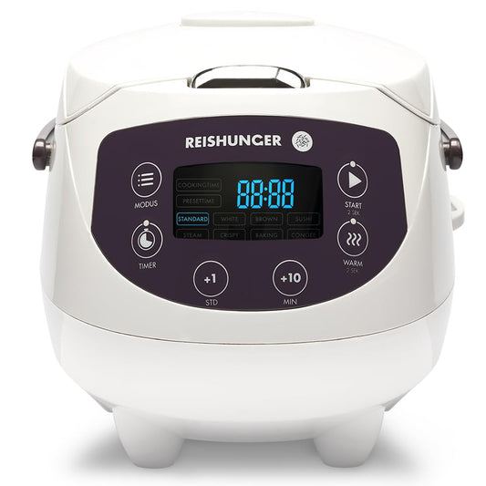 REISHUNGER Digital Rice Cooker Small, White | 0.6 L for 3 people | Keep Warm Function, Timer & Premium Pot | Small Multi-Cooker & Steamer, 8 Programs, 7-Phase Technology