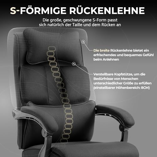 Dowinx office chair, ergonomic with footrest and padded armrest, fabric, high back swivel computer chair, adjustable executive chair up to 150 KG (Black)