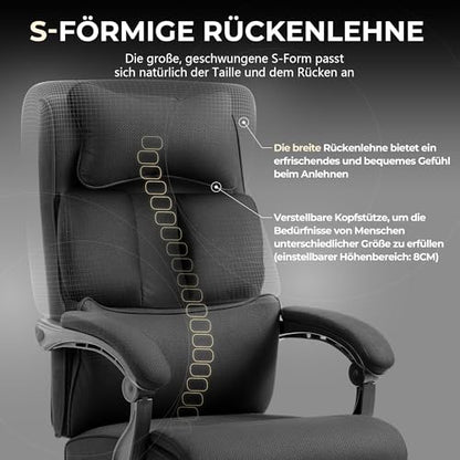 Dowinx office chair, ergonomic with footrest and padded armrest, fabric, high back swivel computer chair, adjustable executive chair up to 150 KG (Black)