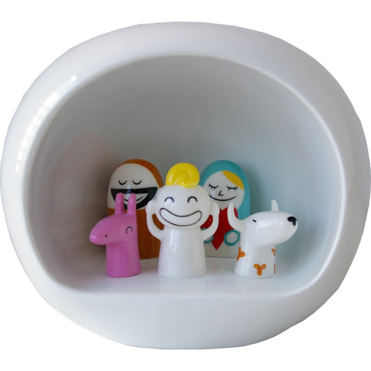 Alessi AMGI10 Design Nativity Set with replica cave and hand-decorated porcelain figures, White, 5 pieces.