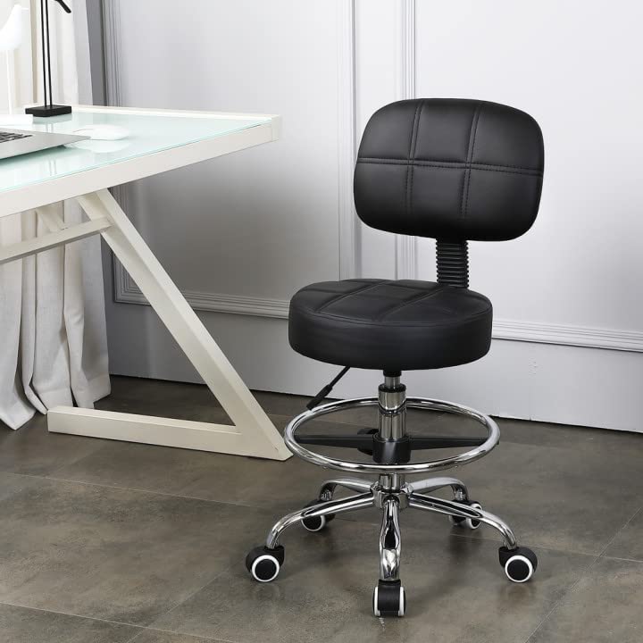 KKTONER rolling stool work stool with backrest adjustable height 53-68cm salon stool PU leather black