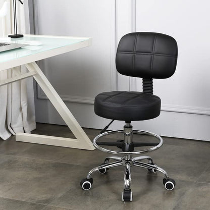KKTONER rolling stool work stool with backrest adjustable height 53-68cm salon stool PU leather black