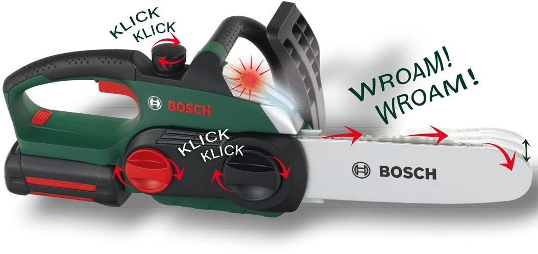 Theo Klein 8399 Bosch Chainsaw I Realistic, child-sized replica I 13 cm x 39.5 cm x 14 cm & Bosch Battery-Powered Lamp I Lamp that rotates 90 degrees I 9.5 cm x 6.4 cm x 18 cm