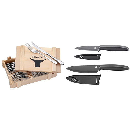 WMF 12-piece steak cutlery set for 6 people & 2-piece Touch knife set, kitchen knives with protective cover, special non-stick coated blade steel, sharp, chef's knife, vegetable knife, black