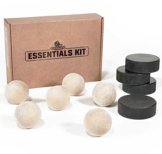 Hockey Revolution Essentials Kit - Swedish wooden stickhandling balls with hockey pucks and durable plastic puck - training tools without bounce.