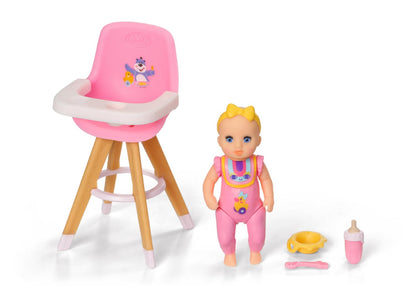 BABY Born, doll vehicle, fold-out caravan & Minis high chair playset with Minis doll Luna, bottle, and plate, 906125 Zapf Creation