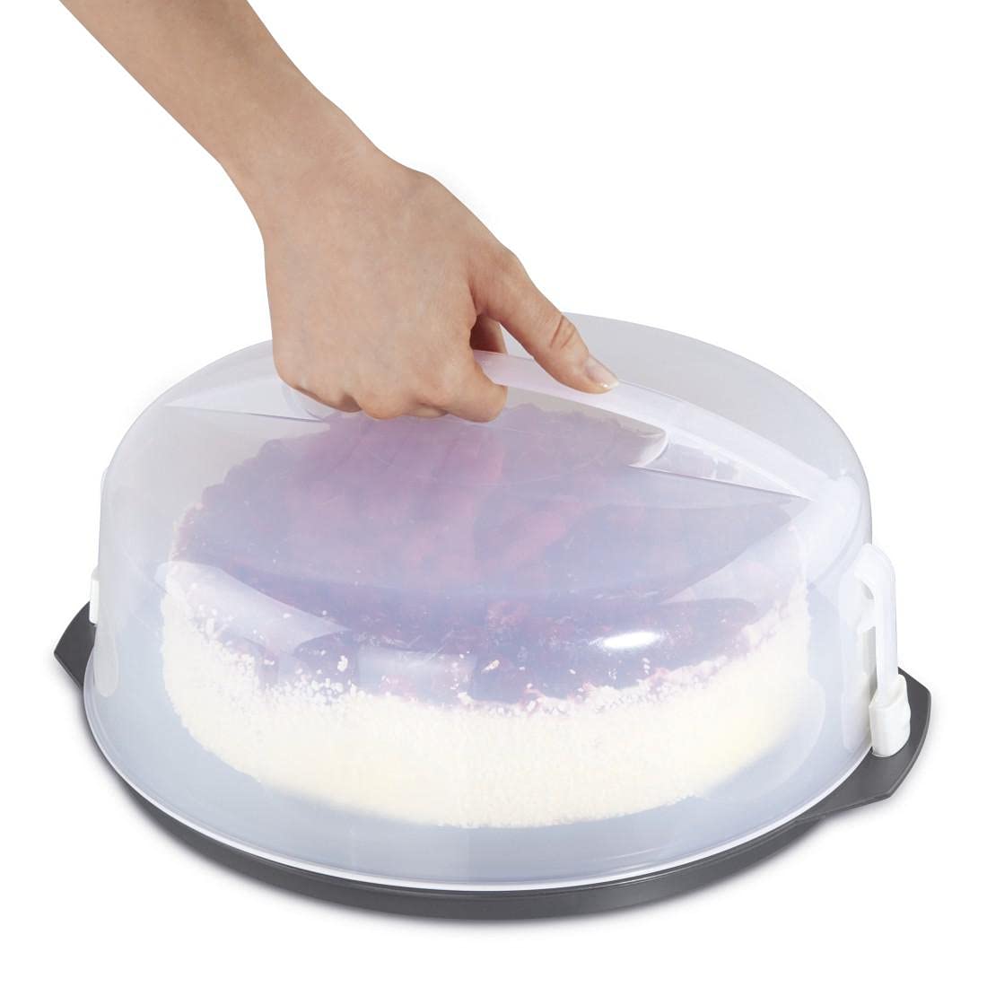 Xavax Cake Transport Box round with lid Cake container 31.5 cm diameter, inner height 8 cm, Cake box with slice division aid, cake plate anthracite, Transparent