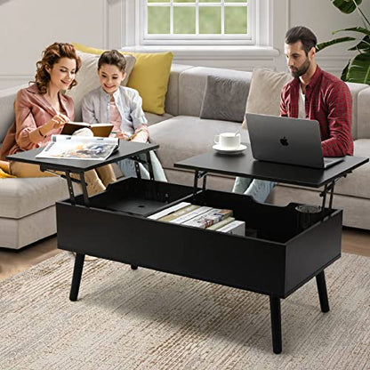 VOWNER coffee table, adjustable height, extendable, retractable, separate hidden storage compartment, double lift top, living room table, black walnut color.