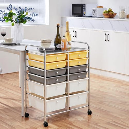 Yaheetech Kitchen Trolley on Wheels, Rolling Kitchen Cart with 12 Stackable Drawers, Utility Cart for Bathroom, Kitchen, Office, Makeup, 63 × 38.5 × 82 cm, Yellow/Gray/Beige.