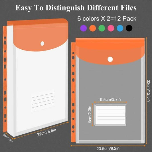 Vakki A4 Document Folder, 12pcs Transparent A4 Document Pouches for Filing, Expandable Collection Folder with 11 Hole Edges, Snap Button for Organizing Documents - 6 Colors