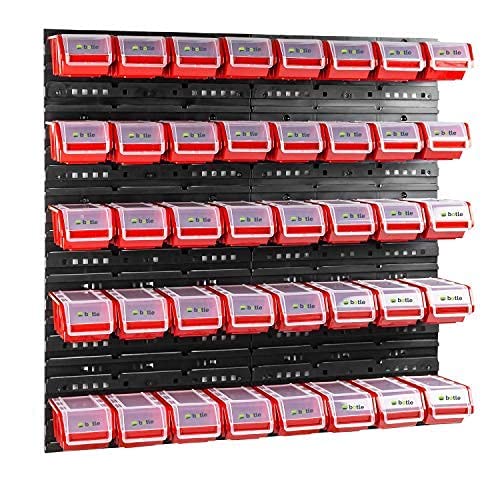 40 piece box with lid + wall shelf 80 x 80 cm, stackable bins pouring rack visibility storage containers storage system (RED)